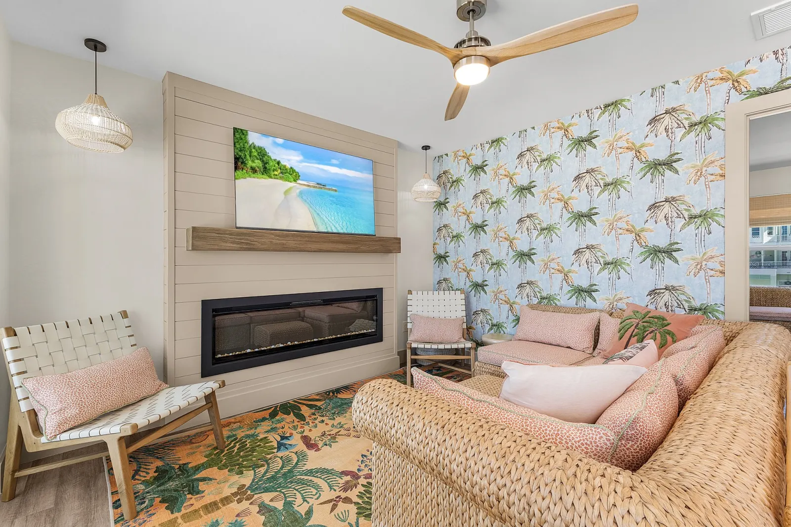 Livingroom fireplace at The Flamingo, a custom home built by Marvin Homes in Fort Myers Beach, Florida