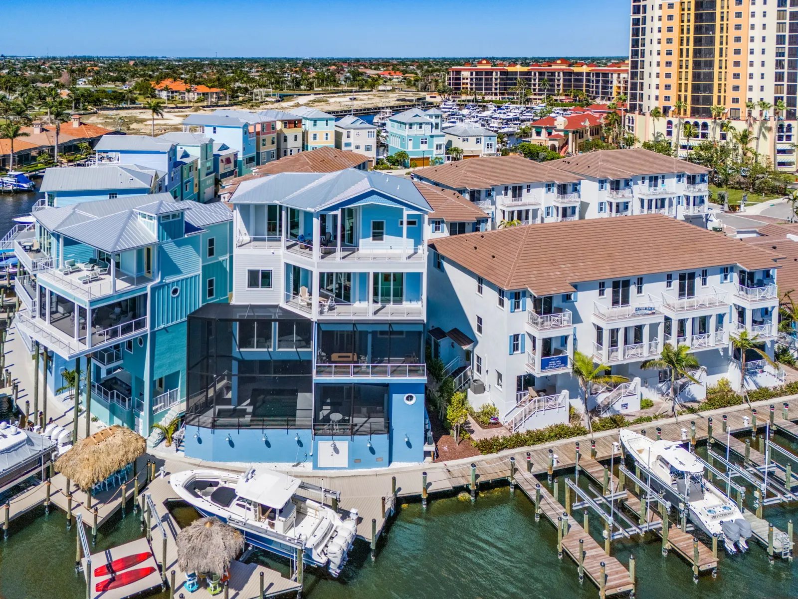 Exterior aerial dock canal at The Marlin, a custom home built by Marvin Homes in Cape Coral, Florida
