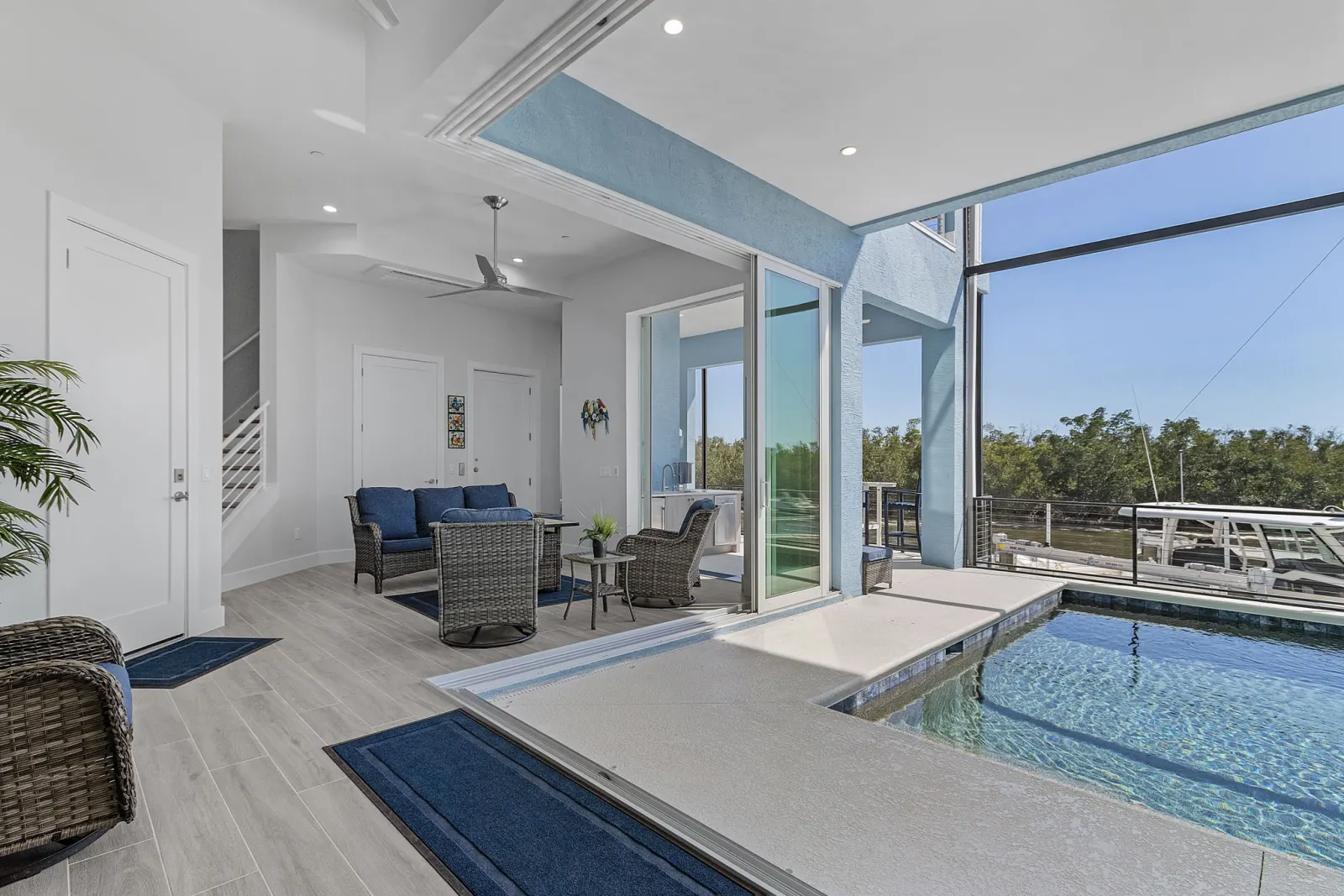 Lanai pool entry at The Marlin, a custom home built by Marvin Homes in Cape Coral, Florida