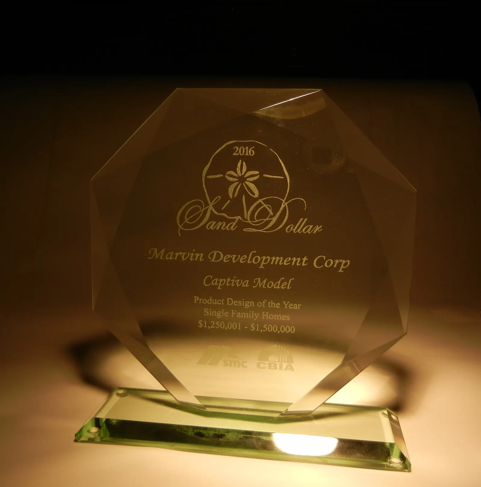 The 2016 Sand Dollar Award trophy presented to Marvin Development Corp for the Captiva Model, Product Design of the Year